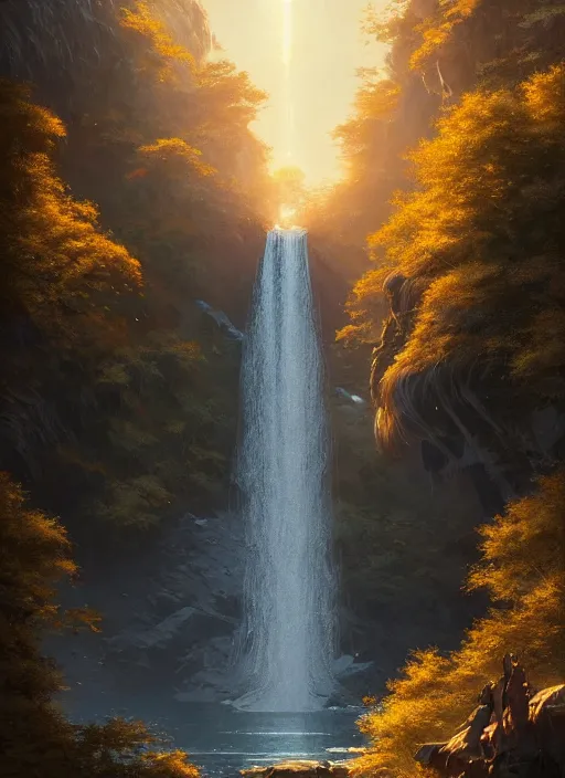 Prompt: detailed intricate digital illustration by greg rutkowski and artgerm and wlop and sanford robinson gifford ; shimmering waterfall in background ; 1 3 mm film, arri alfa anamorphic lens ; sharp focus, golden hour lighting, trending on artstation 4 k