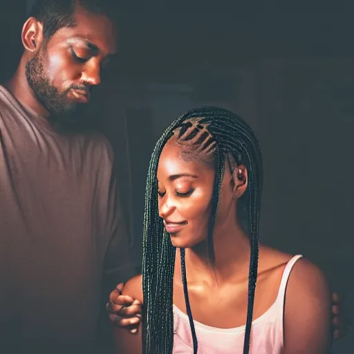 Prompt: a man braiding his wife's hair at night