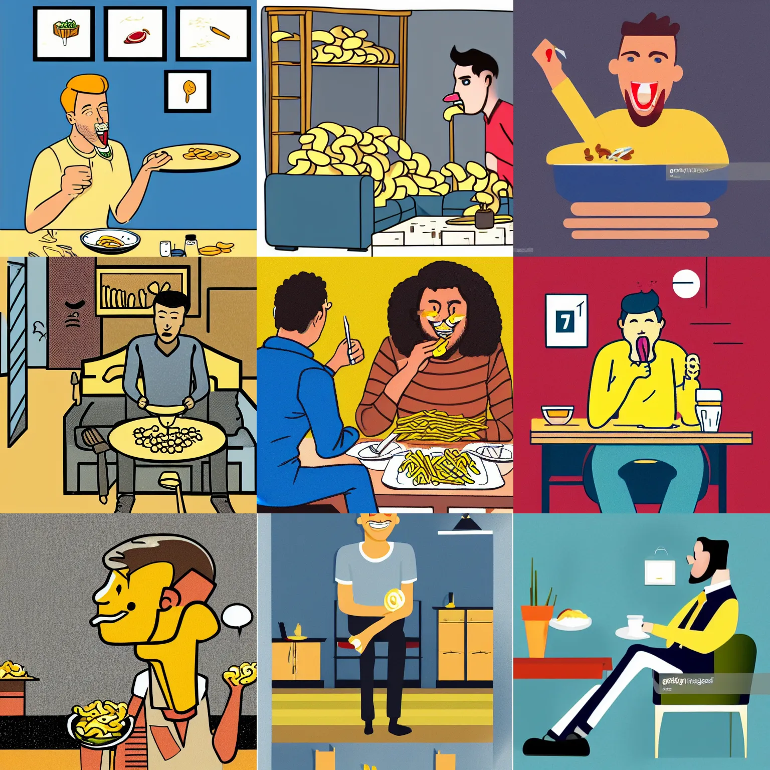 Prompt: an illustration of a man eating macaroni in a flat, boring, corporate style. detailed