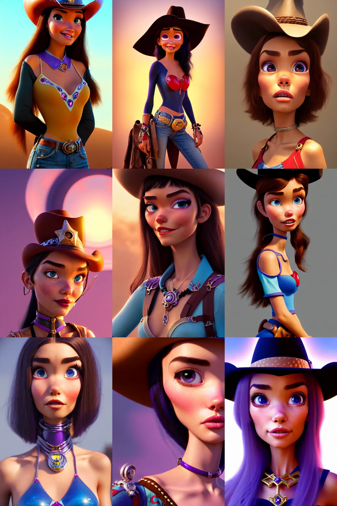 Prompt: pixar woman madison beer cowgirl, sweaty | jewelry | glamorous oily soft polished rich ornate pout modern | weta disney pixar movie still photo | hi - fructose, sci fi fantasy, raver girl, smooth, octane render, sharp focus, artstation, concept art | artgerm, mucha, wlop, loish |