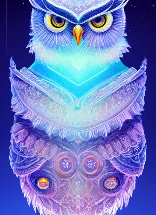 Image similar to symmetry!! product render poster vivid colors divine proportion owl, ice and snow, glowing fog intricate, elegant, highly detailed, digital painting, artstation, concept art, smooth, sharp focus, illustration,