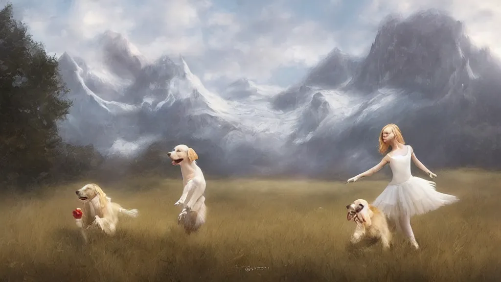 Image similar to “ ballet girl dance with a white golden retriever besides a red cottage, mountains in the background, soft lighting, by charlie bowater, by greg rutkowski ”