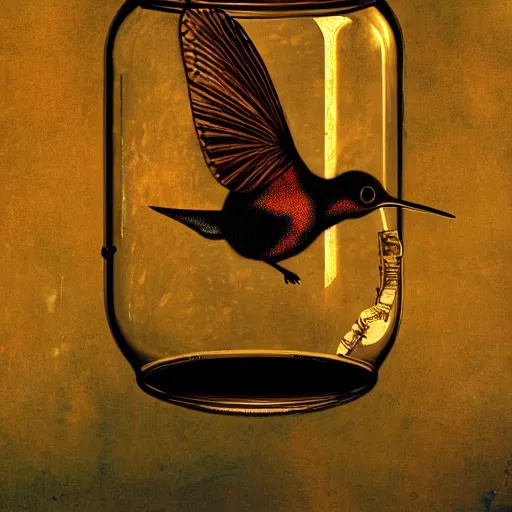 Prompt: a mechanical hummingbird in a jar. golden hour. matte painting. steampunk. cyberpunk. laboratory. rembrandt. jeff koonz