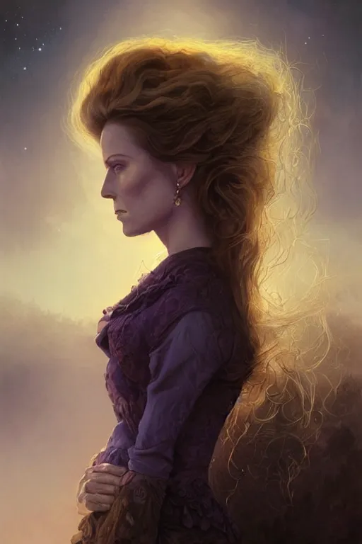 Image similar to Dolores Abernathy (Westworld character), breathtakingly beautiful portrait, beautiful hair, symmetrical face, moonlit purple sky, matte painting by Peter Mohrbacher, highly detailed, intricate, ,award winning artwork, trending on artstation, high quality printing, fine art with subtle redshift rendering