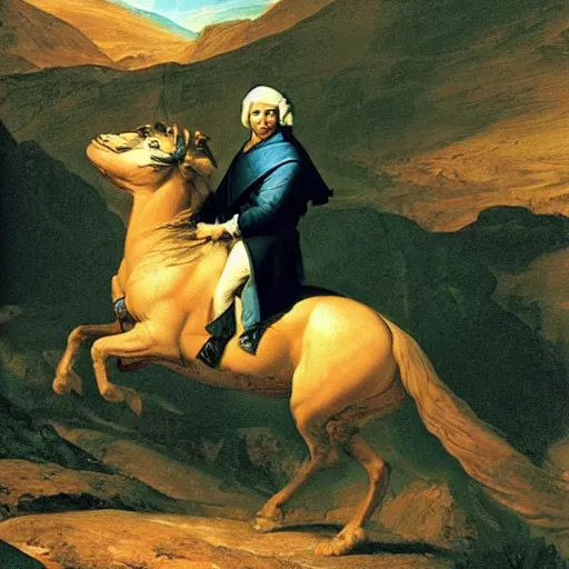 Image similar to benjamin netanyahu crossing the alps, highly detailed, by jacques louis david