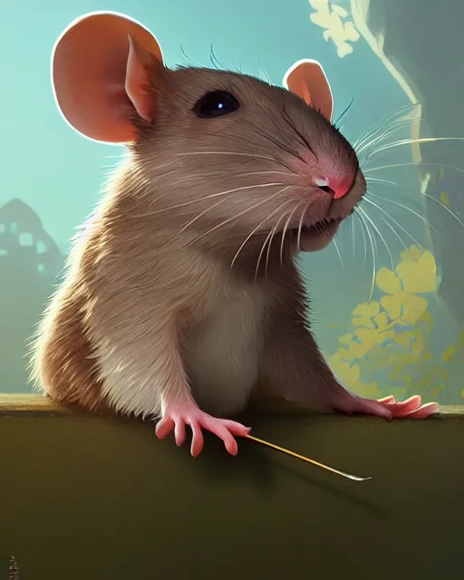 Prompt: highly detailed vfx portrait of a cute little rat with a bow, unreal engine, greg rutkowski, loish, rhads, beeple, makoto shinkai and lois van baarle, ilya kuvshinov, rossdraws, tom bagshaw, alphonse mucha, global illumination, detailed and intricate environment