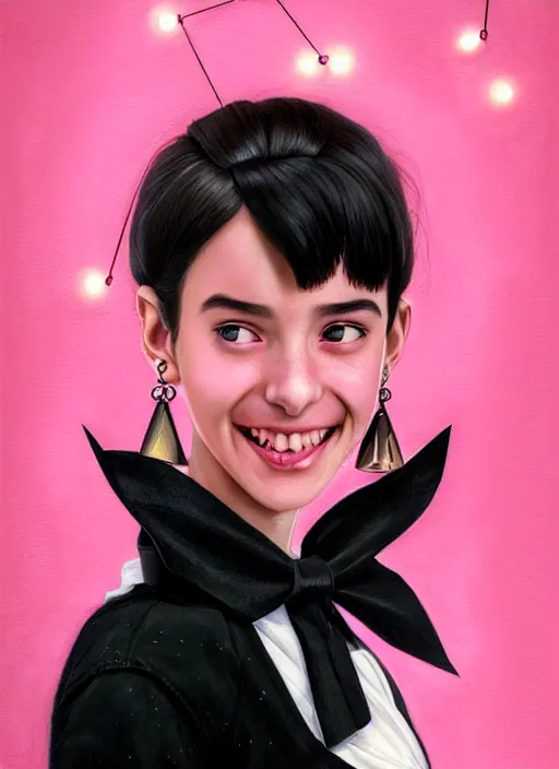 Image similar to portrait of high school girl, realistic, black hair, bangs, half updo hairstyle, pointy nose, skinny, smile, ugly, defined jawline, big chin, pink hair bow, earrings, intricate, elegant, glowing lights, highly detailed, digital painting, artstation, sharp focus, illustration, art by wlop, mars ravelo and greg rutkowski