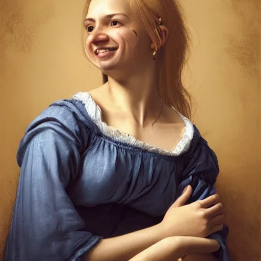 Image similar to a totally amazed smiling pretty spanish girl with blonde hair, long loose hair, precise linework, accurate brown eyes, small nose, beautiful smooth oval head, expressive emotions, hyper realistic ultrafine portrait by artemisia gentileschi, jessica rossier, greg rutkowski, artgerm