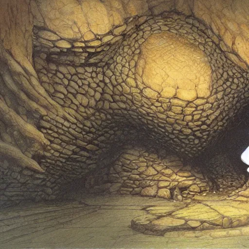 Image similar to artwork by john howe of the ruthless cavern leviathan