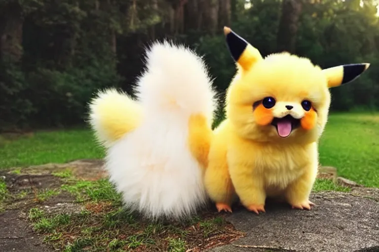 Image similar to real life pokemon, cute!!!, adorable!!!, chunky!!!, playful!!!, fluffy!!!, happy!!!, cheeky!!!, mischievous!!!, ultra realistic!!!, autumn, clear weather, golden hour, sharp focus