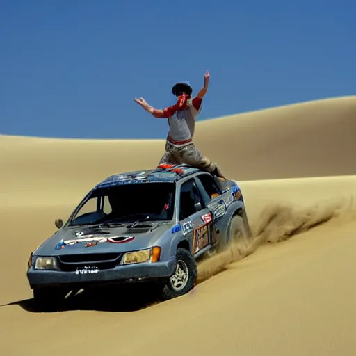 Image similar to grey Honda Civic 2001 jumping over dune desert in the 2003 Dakar rally. Many spectators watch. Honda civic with rusted panels old Cannon Photo 45mm wide angle full view un cropped. 720p photo by Jesse Alexander.