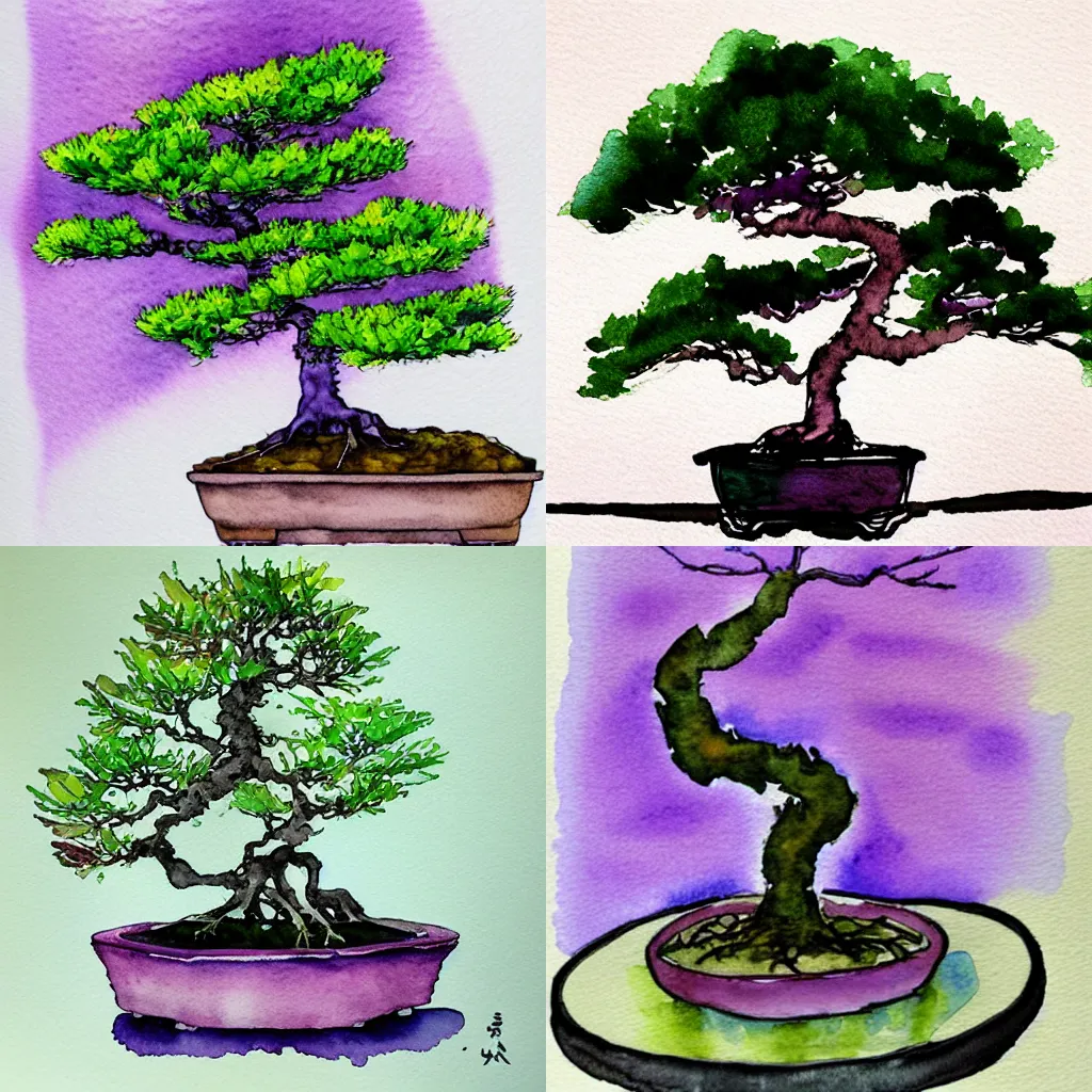 Prompt: purple-leaf bonsai tree, watercolor and ink