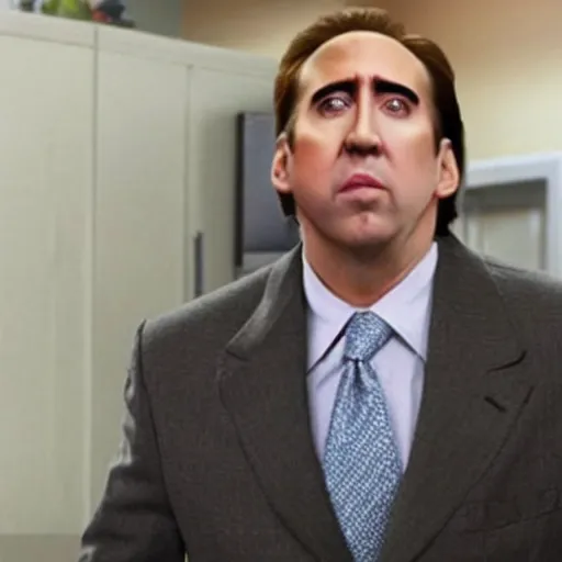 Image similar to nicholas cage as michael scott from office, anatomically correct