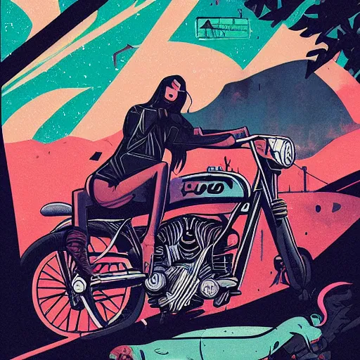 Image similar to a colorful comic noir illustration of a hot tattooed women riding a motorcycle through a post-apocalyptic desert by Queens of the Stone Age and sachin teng, dark vibes, street art, cinematic, high contrast, depth of field