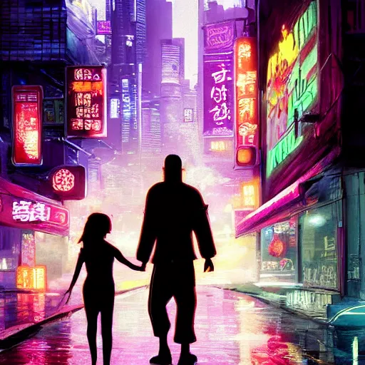 Prompt: old martial arts teacher with his cute daughter, rainy night, neon glow concept art, sharp focus, city background, intricate, digital painting, artstation, cyberpunk 2077, official media, anime key visual, wallpaper, highly detailed, rich vivid colors ambient lighting,, illustration, art by Artgerm, Makoto Shinkai, Ilya Kuvshinov, Lois Van Baarle and Rossdraws