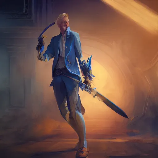 Prompt: a man with blonde hair in a blue suit wielding a large sword and a gun in a holster, fantasy, digital painting, volumetric light, intricate, sharp, focus, bloom, illustration, highly detailed, concept art, matte, ruan jia, randy vargas, greg rutkowski