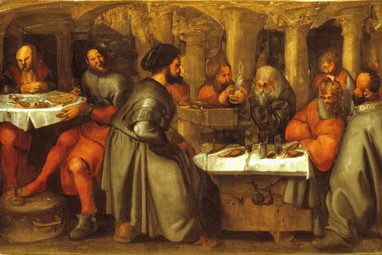 Prompt: delicious medieval food served in a tavern | Titian Vecellio |