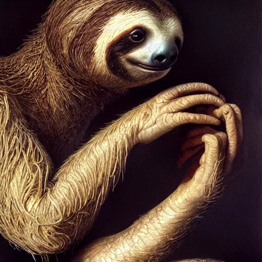 Image similar to Portrait of a sloth with translucent skin, visible muscles and veins and arteries and bones and spines and nerves, beautiful detailed intricate insanely detailed octane render, 8k artistic photography, photorealistic, chiaroscuro, by David Cronenberg, Raphael, Caravaggio