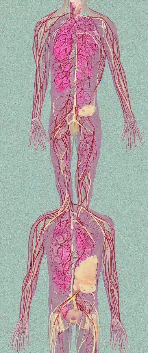 Prompt: kawaii pastel man made of internal organs and arteries and veins, digital art, pastel, colorful,