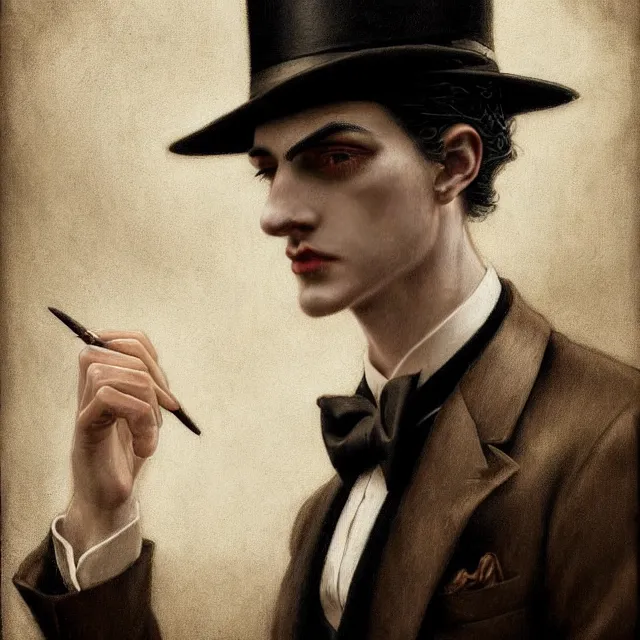 Image similar to photorealistic sepia full - head portrait of a 1 9 2 0 s era smirking male occultist, well dressed, long - tailed tuxedo coat, atmospheric lighting, dark, brooding, painted, intricate by tom bagshaw, ultra detailed, well composed, best on artstation, cgsociety, epic, stunning, gorgeous, intricate detail, much wow, masterpiece