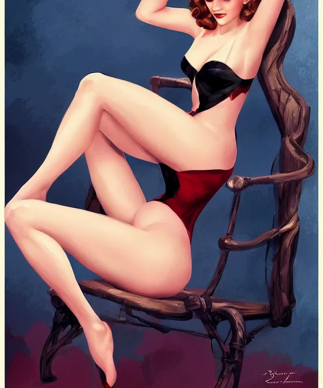 Image similar to emma watson pinup style Gil Elvgren, pinup pose, elegant, digital painting, artstation, concept art