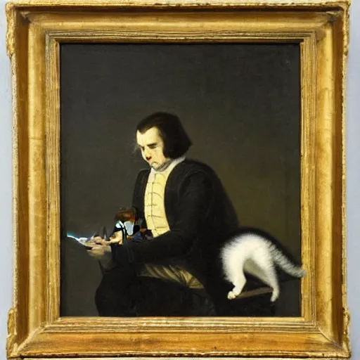 Prompt: oil painting by george stubbs of a cat playing hamlet.