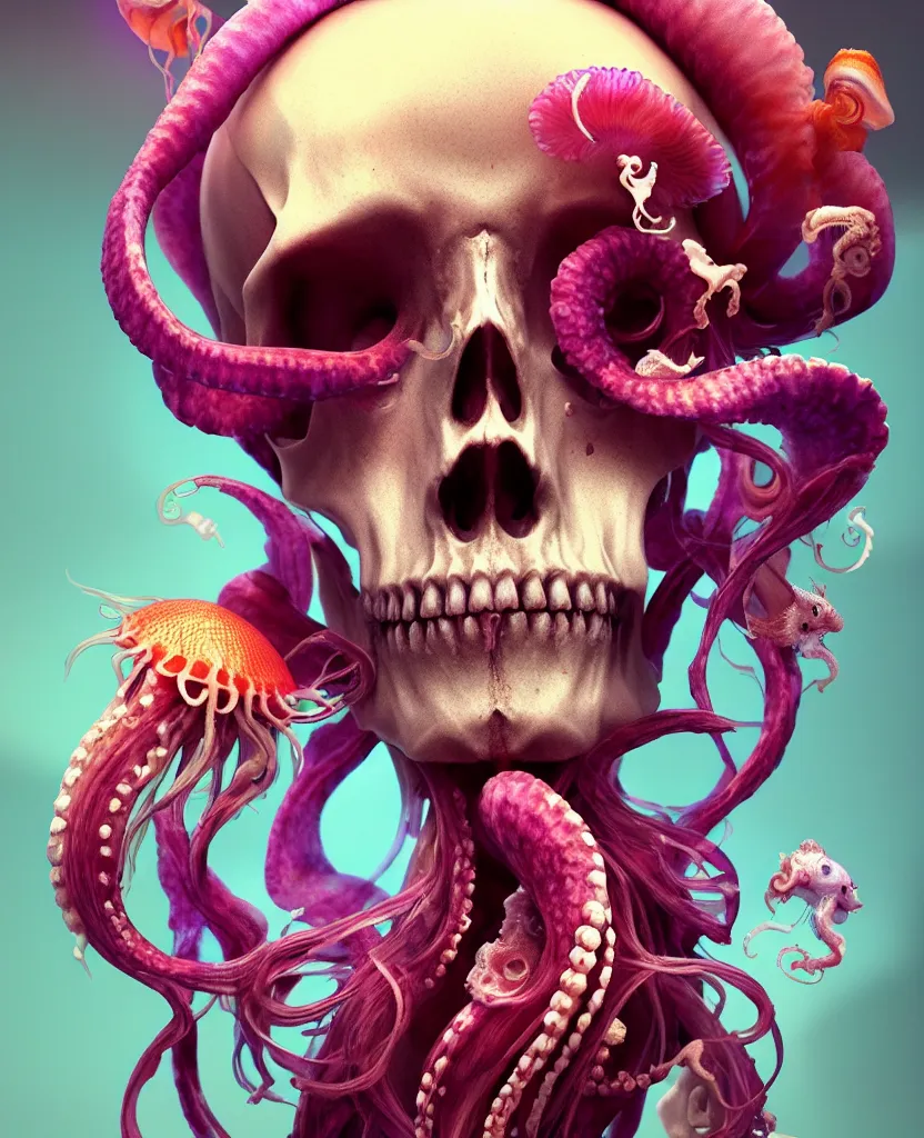 Image similar to goddess close - up portrait human skull, ram skull, squid phoenix jellyfish, orchid, betta fish, bioluminiscent, intricate artwork by tooth wu and wlop and beeple. octane render, trending on artstation, greg rutkowski very coherent symmetrical artwork. cinematic, hyper realism, high detail, octane render, 8 k