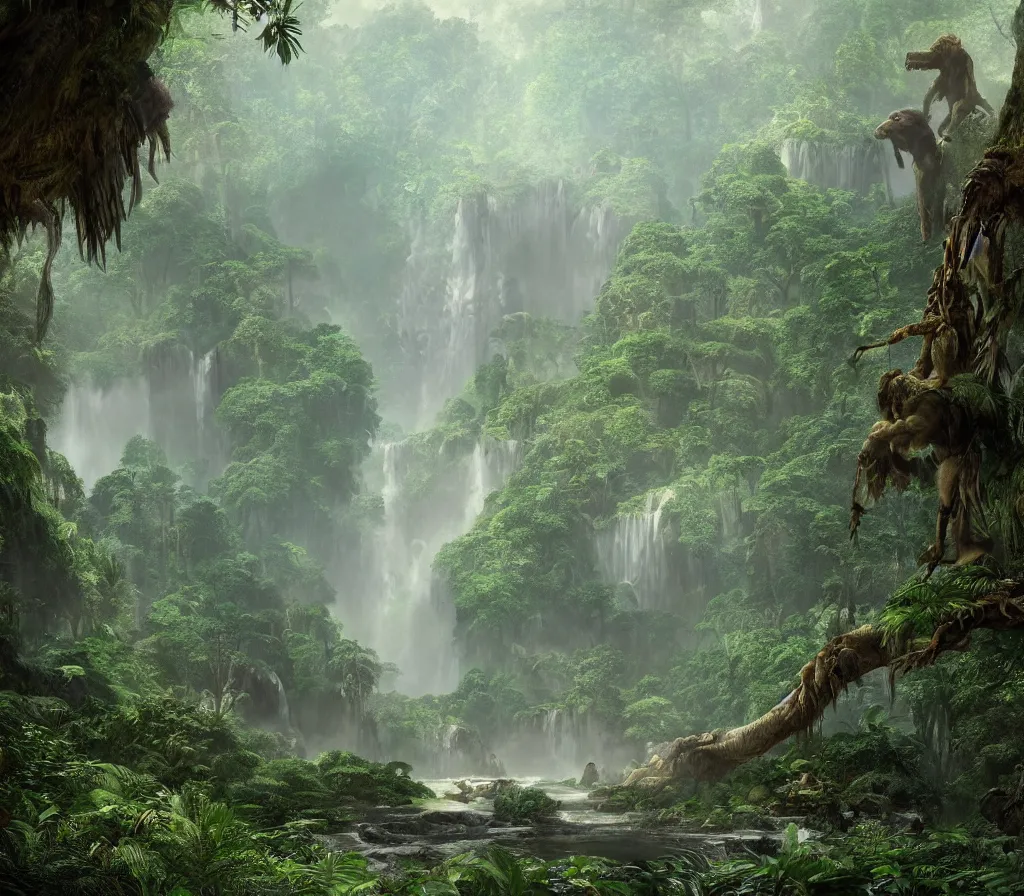 Image similar to matte painting of bigfoot in rain forest, large dinosaurs in background, style by thomas cole and greg rutkowski and ross tran, global illumination, unreal engine!!!