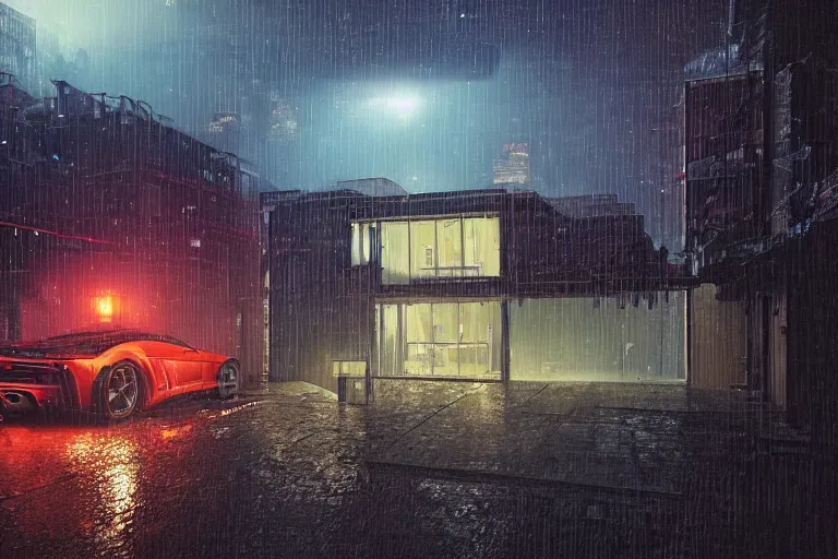 Image similar to cyberpunk, an estate agent listing photo, external view of a detached city house in the UK, it's night time, raining, sports car, by Paul Lehr, highly detailed, photorealistic, unreal engine, 8k, anamorphic, cinestill cinematrography