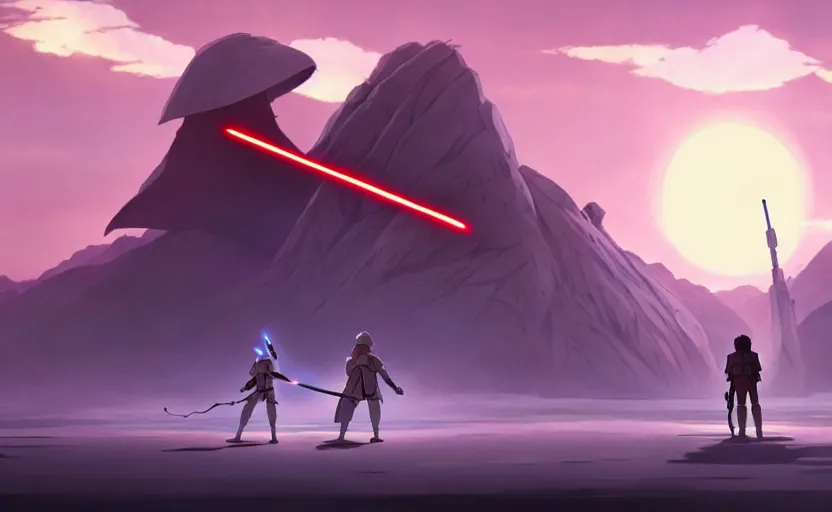 Prompt: star wars as a studio ghibli animated film, d & d, fantasy concept art, global illumination, interesting composition, volumetric lighting, art by enki bilial, highly detailed