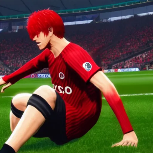 Image similar to a screenshot of red haired shanks onepiece in fifa 2 2, ea games, rtx, nvidia geforce, best graphics