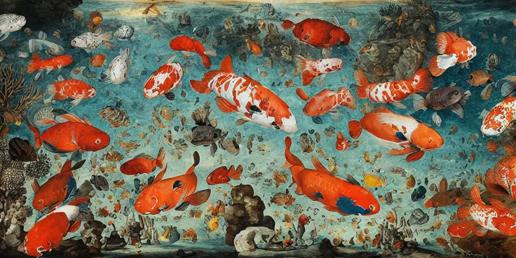 Image similar to Underwater, An ancient city in the deep sea, giant koi fish, by james jean, by Peter Paul Rubens and Jan Bruegel the Elder