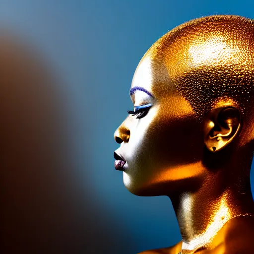 Prompt: portrait of metallic face, african woman, mercury, mirror reflections, smooth, liquid metal, proud, looking away, outdoor, blue sky, 8 k, realistic, depth of field, award winning photography