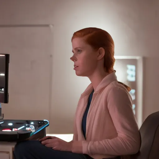 Image similar to a still of young Amy Adams playing videogames, in the movie Arrival, highly detailed and intricate, bokeh, sharp image, cinematic lighting, 8k HDR