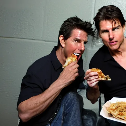 Image similar to tom cruise and morgan freeman eating a burrito in jail, hyper realistic, photo, photo studio, news paper, hyper detailed, smooth,