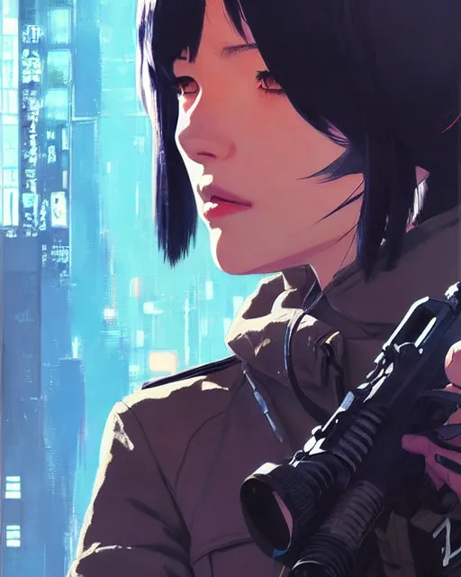 Image similar to girl wearing in tactical gear | | audrey plaza, fine detail!! anime!! realistic shaded lighting!! dramatic!! poster by ilya kuvshinov katsuhiro otomo ghost - in - the - shell, magali villeneuve, artgerm, jeremy lipkin and michael garmash and rob rey