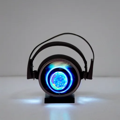 Prompt: futuristic headphones made of boulder opal, glowing, clean futuristic design, nixie tube accents, sacred, angelic, divine, museum lighting