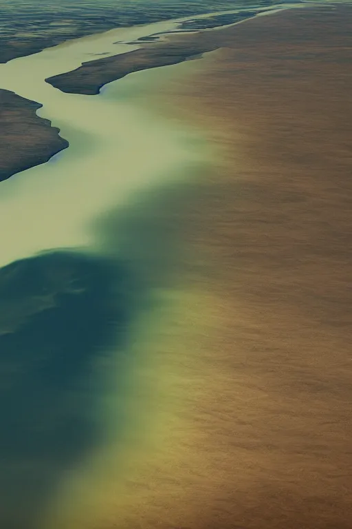 Prompt: top view of muddy river delta leading to sea by hiroshi yoshida, ridley scott, roger deakins, turner, rothko, hyperrealism, turbulent alien vivid landscape, matte painting, fluid simulation, trending on artstation, 8 k high detail concept art, rendered in octane