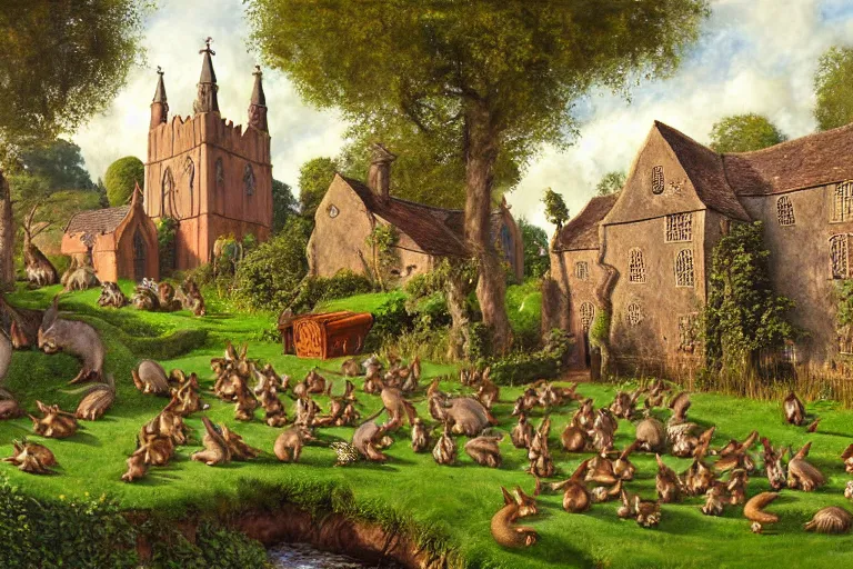 Prompt: an elaborate and dense painting of redwall abbey in mossflower wood with lots of mice and rabbits and otters walking around, detailed by brian jacques