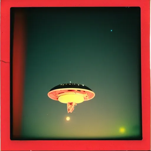 Image similar to a ufo flying at night, blurry photo, historical photo, old polaroid, expired film,