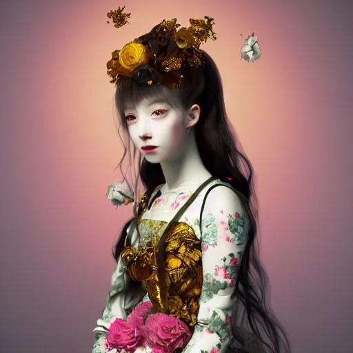 Image similar to 8k, octane render, realism, tonalism, renaissance, rococo, baroque, portrait of a young lady wearing long harajuku manga dress with flowers and skulls, background chaotic gold leaf flowers