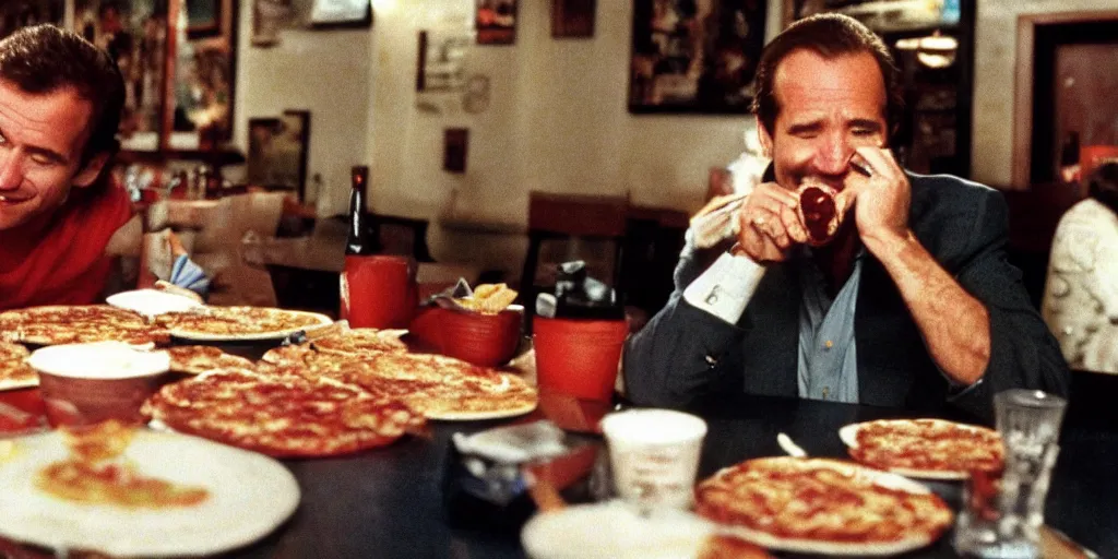 Image similar to color film of joe biden eating pizza in an italian restaurant 1 9 9 4 im the film of good will hunting, grinning, close up, detailed