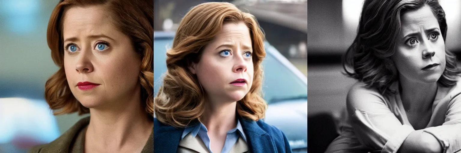 Prompt: close-up of Jenna Fischer as a detective in a movie directed by Christopher Nolan, movie still frame, promotional image, imax 70 mm footage