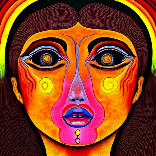 Image similar to tan latina woman, landscape, entering fourth dimension, third eye, prominent rosy cheek bones, black hair and brown eyes, psychedelic di vinci art style,