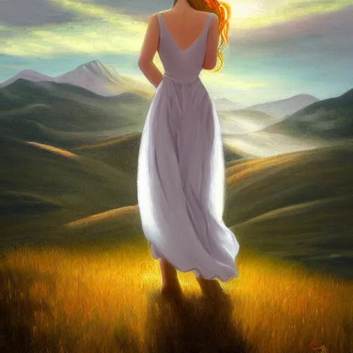 Prompt: a painting of a woman in a white dress pondering life as she watches the sun set, a painting by ansel adams, deviantart, fantasy art, sunrays shine upon it, deviantart, mystical