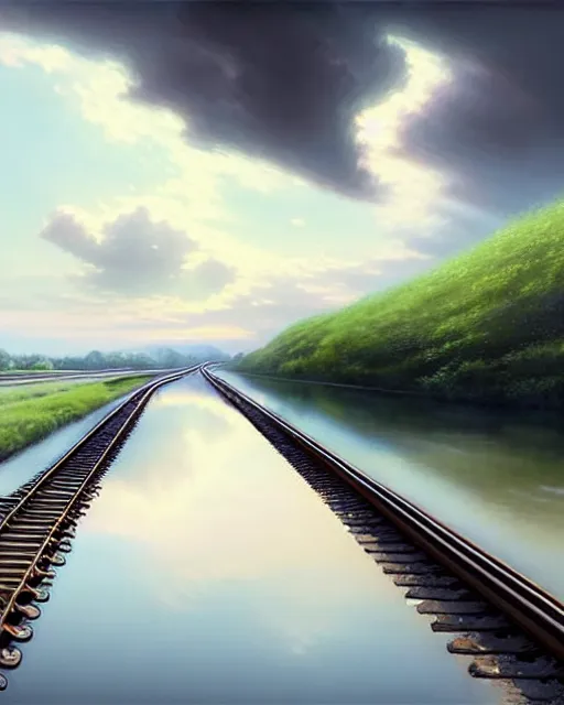 Prompt: shallow reflective water completely covers submerged train tracks as a girl carries her shoes, there is a train station in the distance and large white clouds on a wide horizon, intricate, elegant, highly detailed, digital photo, artstation, concept art, smooth, sharp focus, art by artgerm and greg rutkowski and fra angelico