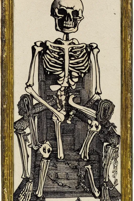 Prompt: tarot card of a king’s skeleton sitting on a decaying ancient throne, ornate frame, detailed