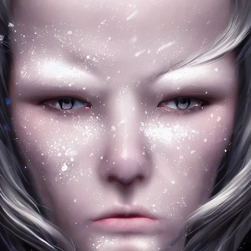 Image similar to pretty snowflakes morphing coalescing into face. artstation award cgsociety