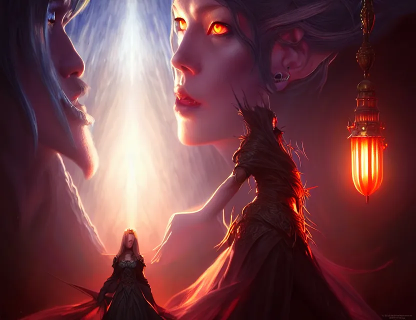 Prompt: the king of light faces the queen of darkness, a beautiful digital painting by wlop, volumetric light, intricate details, ultrarealistic, by art germ, by gerald brom, fantasypunk, deep colors, amazing d & d art, trending cgsociety, artstation, sharp, amazing wallpaper