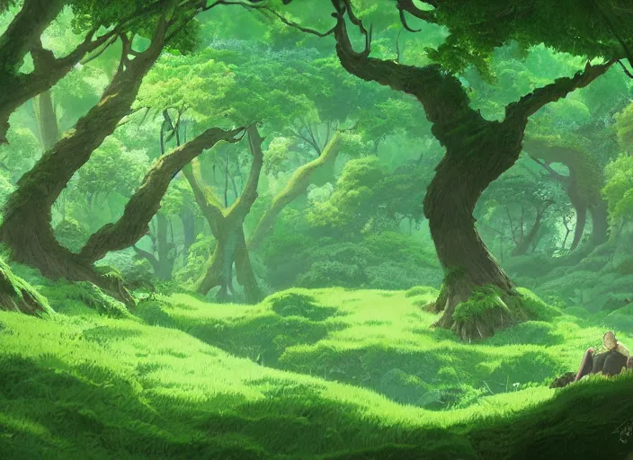 Image similar to A lush green forest by Ghibli Studio, digital art, immaculate scale